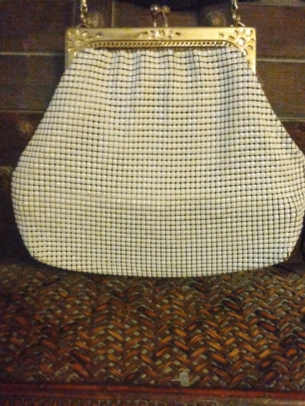 Vintage White Beaded Frame-Top Evening Bag